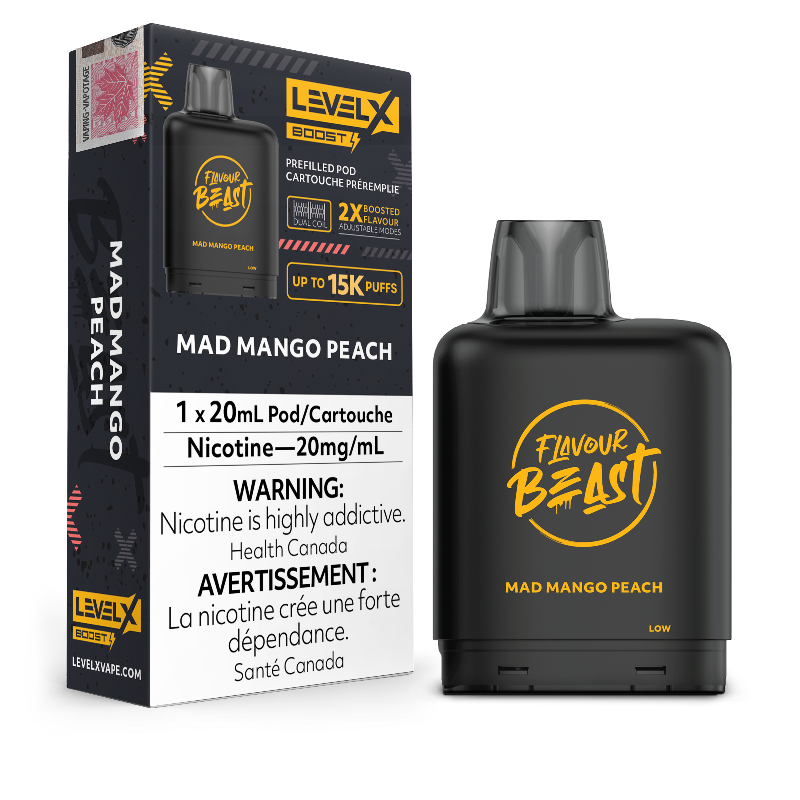 MAD MANGO PEACH LEVEL X BOOST PODS Dive into this robust fusion of sweet, tropical mangoes and juicy peaches for the perfect puff every time.Experience heightened vaping satisfaction with the Level X Boost Flavour Beast Pods, expertly engineered to offer an unmatched hybrid vaping encounter.