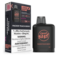 PACKIN' PEACH BERRY LEVEL X BOOST PODS This delightful fruit fusion includes juicy peaches combined with a selection of the finest sweet berries. This dynamic fruit trio will not disappoint.Experience heightened vaping satisfaction with the Level X Boost Flavour Beast Pods.