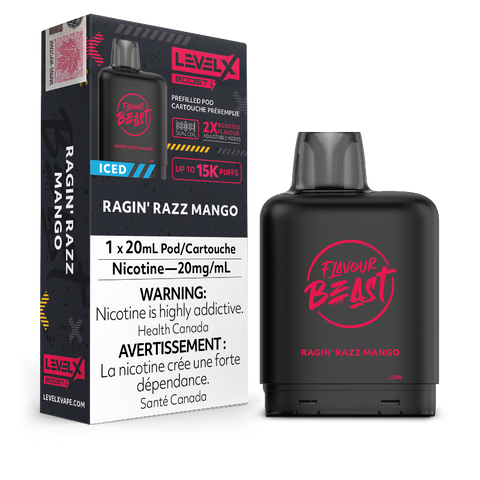 RAGIN' RAZZ MANGO ICED LEVEL X BOOST PODS Take your tastebuds on a rager with the perfect balance of savoury raspberries and super rich mangoes! Experience heightened vaping satisfaction with the Level X Boost Flavour Beast Pods, expertly engineered to offer an unmatched hybrid vaping encounter.