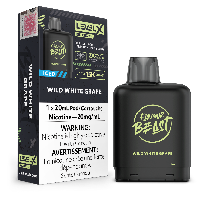 WILD WHITE GRAPE ICED LEVEL X BOOST PODS By far Flavour Beast's best selling flavour! Experience the unique flavor of plump and succulent white grapes, oh and don't forget that icy blast finish. This wild flavor combination is truly unforgettable