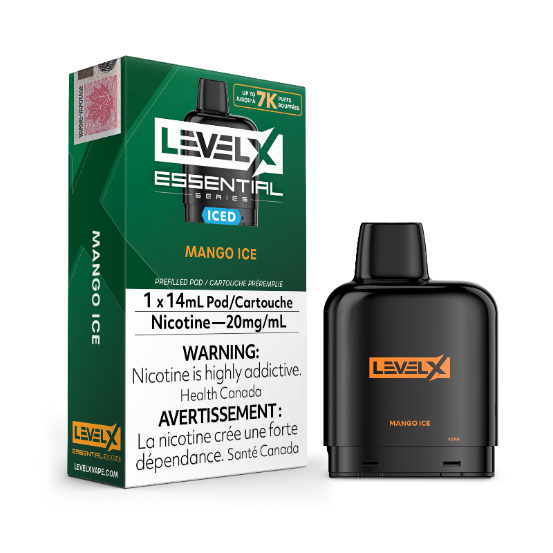 ESSENTIAL SERIES MANGO ICE BY LEVEL X Experience a refreshing blend of frosty breezes intertwining with ripe mangoes, crafting a tropical haven with a delightful, cool twist.