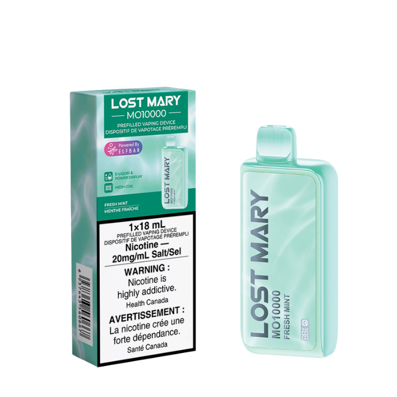 LOST MARY M010000 FRESH MINT DISPOSABLE VAPE (10000 PUFF) MV QUEBEC Lost Mary MO10000 – unlocking 10,000 tasty puffs, 18mL, 10 flavors, and Elf Bars advanced mesh coil for satisfying vaping!