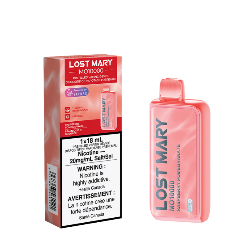 RASPBERRY POMEGRANATE LOST MARY MO10000 DISPOSABLE VAPE (10000 PUFFs) – unlocking 10,000 tasty puffs, 18mL, 10 flavors, and Elf Bars advanced mesh coil for satisfying vaping!