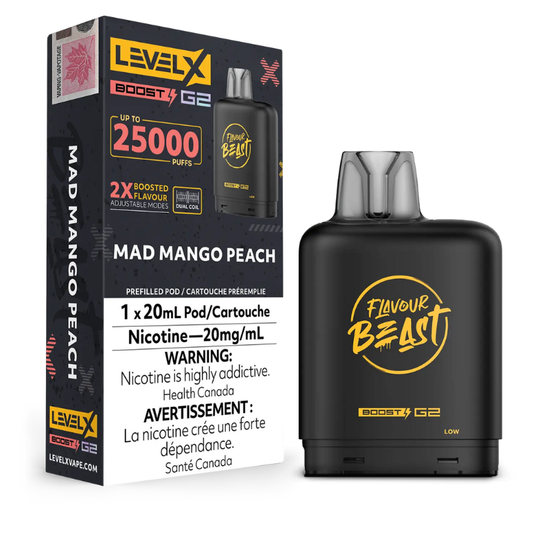 MAD MANGO PEACH LEVEL X BOOST POD 25K PUFFS
Dive into this robust fusion of sweet, tropical mangoes and juicy peaches for the perfect puff every time.Experience heightened vaping satisfaction with the Level X Boost Flavour Beast Pods, expertly engineered to offer an unmatched hybrid vaping encounter.