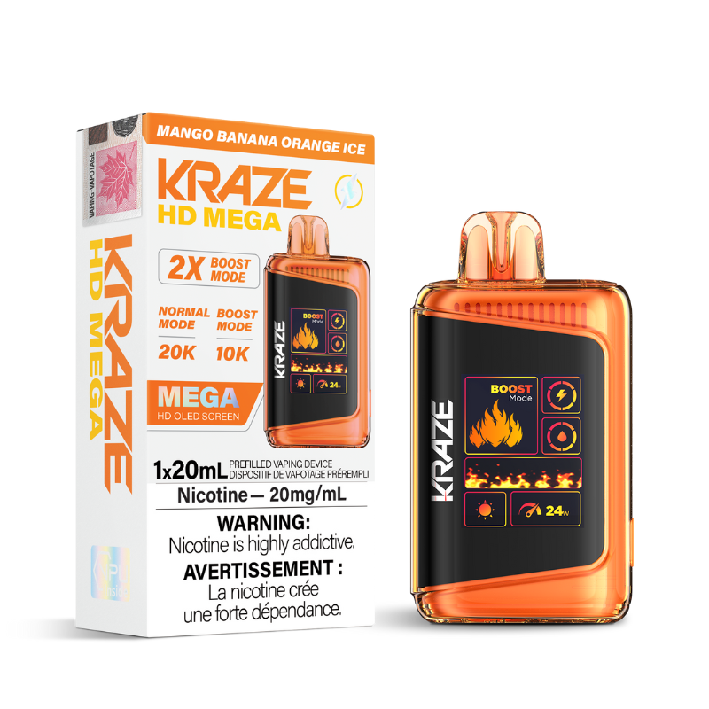 MANGO BANANA ORANGE ICE KRAZE 20k DISPOSABLE VAPE A tropical trifecta of rich mango, creamy banana, and zesty orange, all perfectly chilled with a hint of ice.