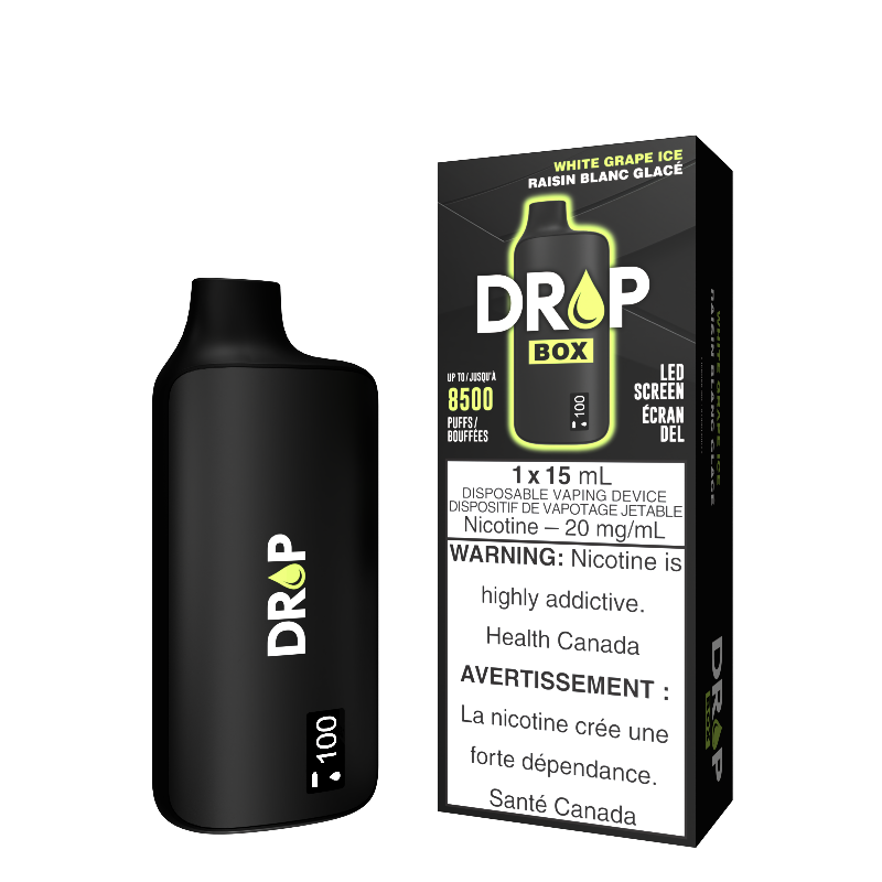 WHITE GRAPE ICE DROP BOX 8500 PUFF DISPOSABLE VAPE, Meet the DROP BOX Disposable vape, your ultimate on-the-go vaping companion! With an impressive 8500-puff capacity and a substantial 15mL e-liquid tank, this sleek device guarantees a satisfying vaping experience.