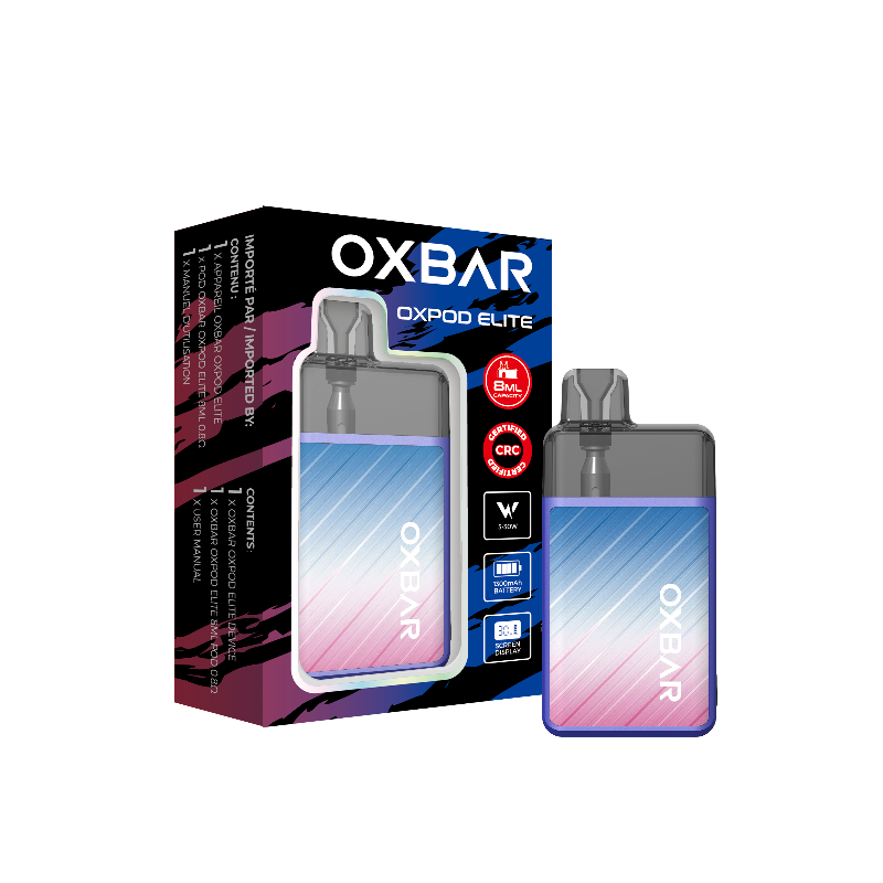 Oxbar Oxpod Elite: 1300mAh battery, 8mL pod, adjustable wattage (5-30W), child lock, 35,000 puffs, USB-C, sleek leather finish, and Hyper Coil tech!