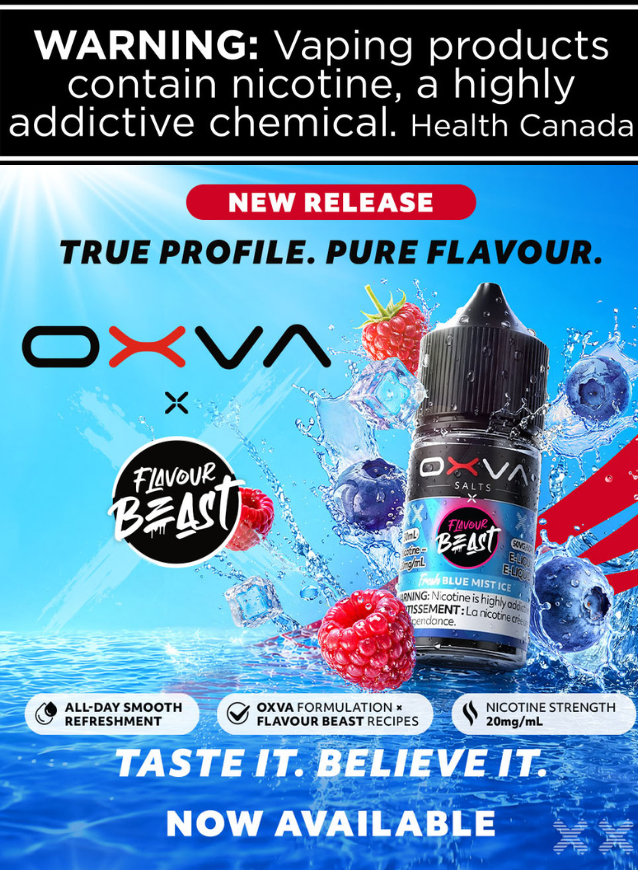 OXVA vape juice advertisement with flavor elements and health warning.