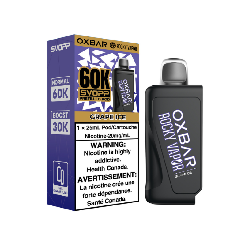 Experience Grape Ice Oxbar SVOPP 60K Pod—available across Quebec, Nova Scotia & Alberta. 60,000 puffs, dual mesh coil, 25mL, and adjustable airflow.