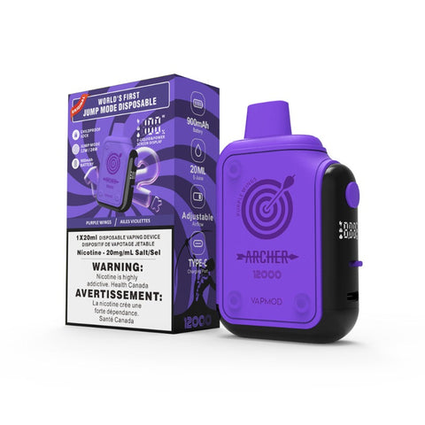 PURPLE WINGS VAPMOD ARCHER DISPOSABLE VAPE(12000)As you inhale, feel the exhilarating rush of energy as the unmistakable Red Bull essence kicks in, delivering a burst of fizzy excitement to your senses. Introducing the Archer 12000 Puffs Disposable Vape by VAPMOD – the pioneer of jump mode disposable vapes globally. Packed with an array of remarkable attributes, a hit that give you a feel of 50mg nic level 