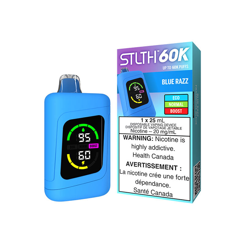 Blue Razz STLTH 60K Disposable Vape delivers 60,000 puffs of Sweet, luscious blue raspberry with a perfect balance of tartness and fruity flavour, powered by a massive 25mL e-liquid capacity. Free delivery Nova Scotia