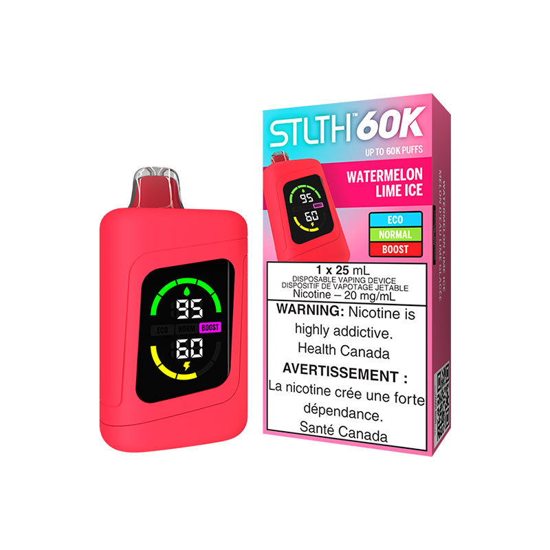 Watermelon Lime Ice STLTH 60K Disposable Vape delivers 60,000 puffs of puffs of refreshing watermelon and tangy lime, topped with an icy cool breeze, powered by a massive 25mL e-liquid capacity. Free delivery Nova Scotia