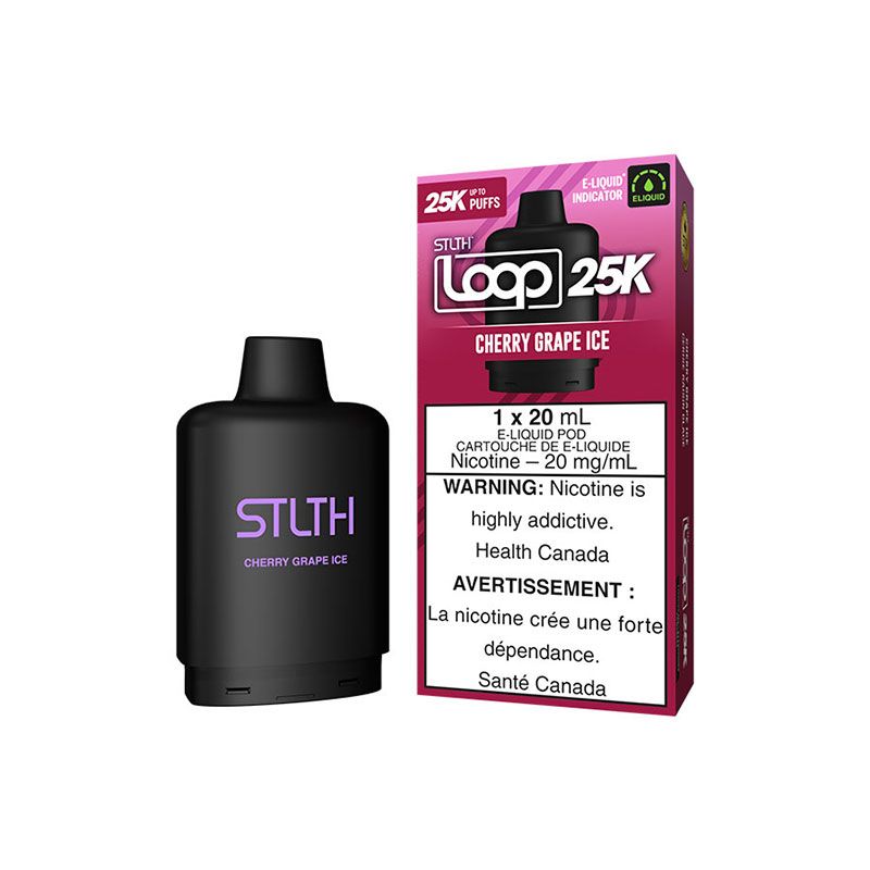 CHERRY GRAPE ICE STLTH LOOP 25K Pods – 25,000 Puffs of Bold Flavour! Enjoy the rich blend of juicy cherries and sweet grapes, enhanced by a cool, refreshing icy finish for long-lasting vaping satisfaction!