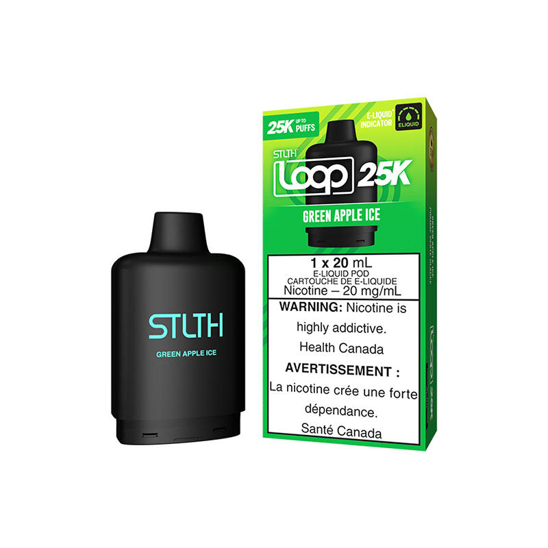 GREEN APPLE ICE STLTH LOOP 25K Pods – Long-Lasting Vaping with 25,000 Puffs!
Flavour: delivers the crisp, refreshing taste of a perfectly ripe green apple, with just the right amount of tang to keep your taste buds buzzing.