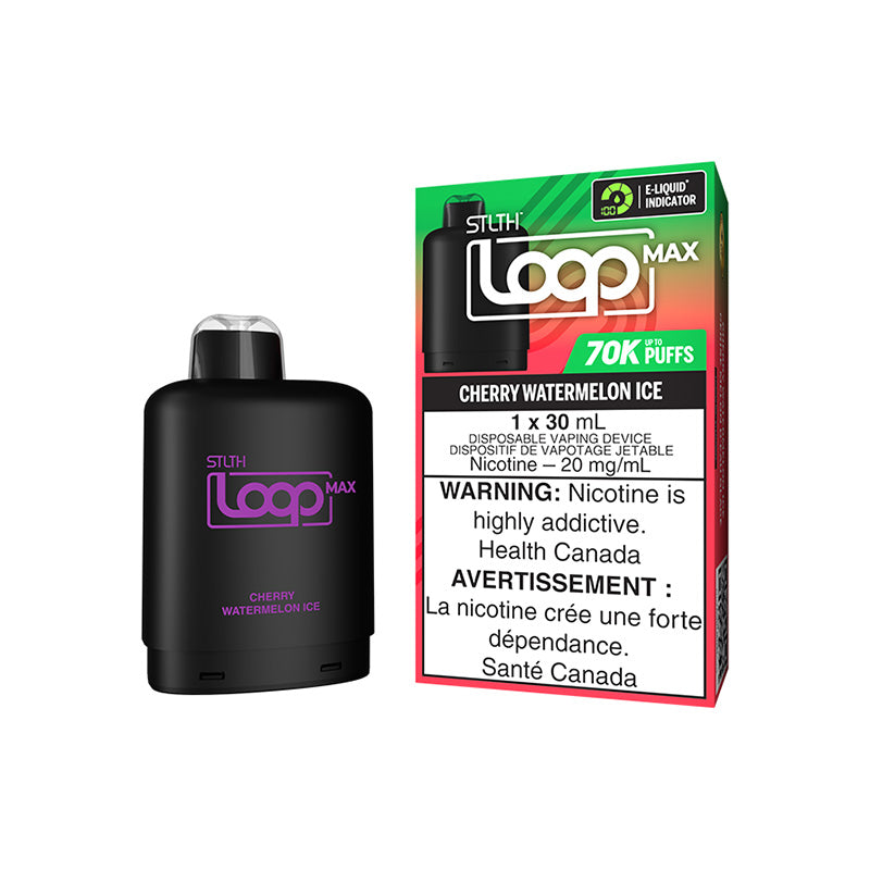 New In! STLTH LOOP MAX CHERRY WATERMELON ICE 70K POD prefilled packed with upto 70000 puffs and boost mode. Buy now instore or online at Mister Vapor.