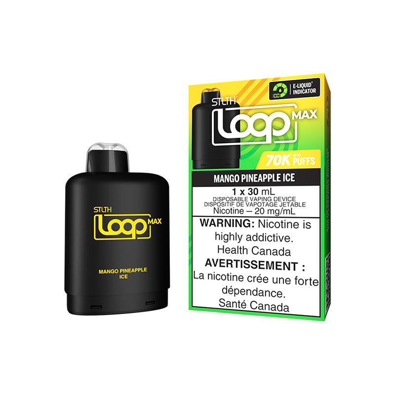 New arrivals! STLTH LOOP MAX MANGO PINEAPPLE ICE 70K POD prefilled packed with upto 7000 puffs and 30ml of eliquid. Buy now in store or online at MV 