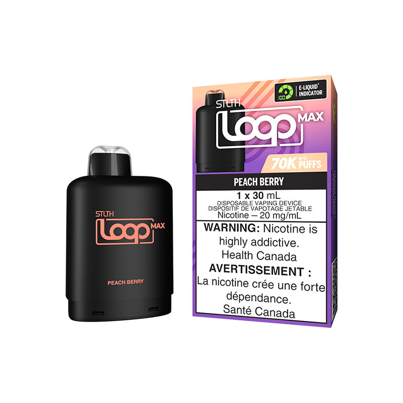 New in! STLTH LOOP MAX PEACH BERRY 70K POD prefilled packed with upto 70K puffs and 30ml of eliquid. Buy now at mister vapor.