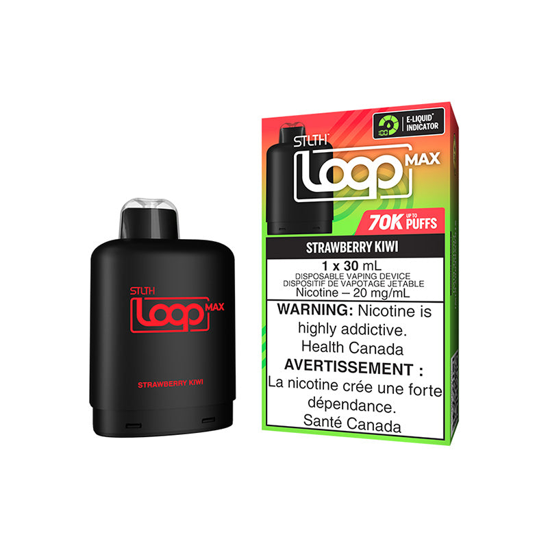 New in! STLTH LOOP MAX STRAWBERRY KIWI 70K POD prefilled packed with upto 70K puffs and 30ml of eliquid. Buy now at mister vapor.