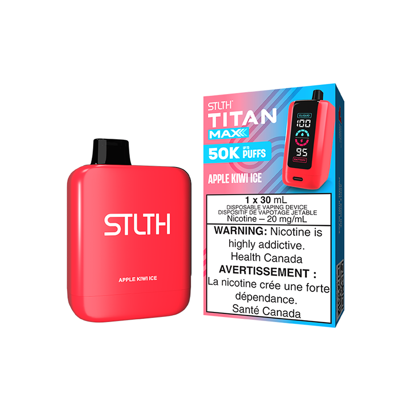 Apple Kiwi Ice STLTH Titan Max Disposable Vape: Crisp apple, juicy kiwi, and a refreshing icy finish in every puff. 20ML, 15000 puffs—vape satisfaction maximized!