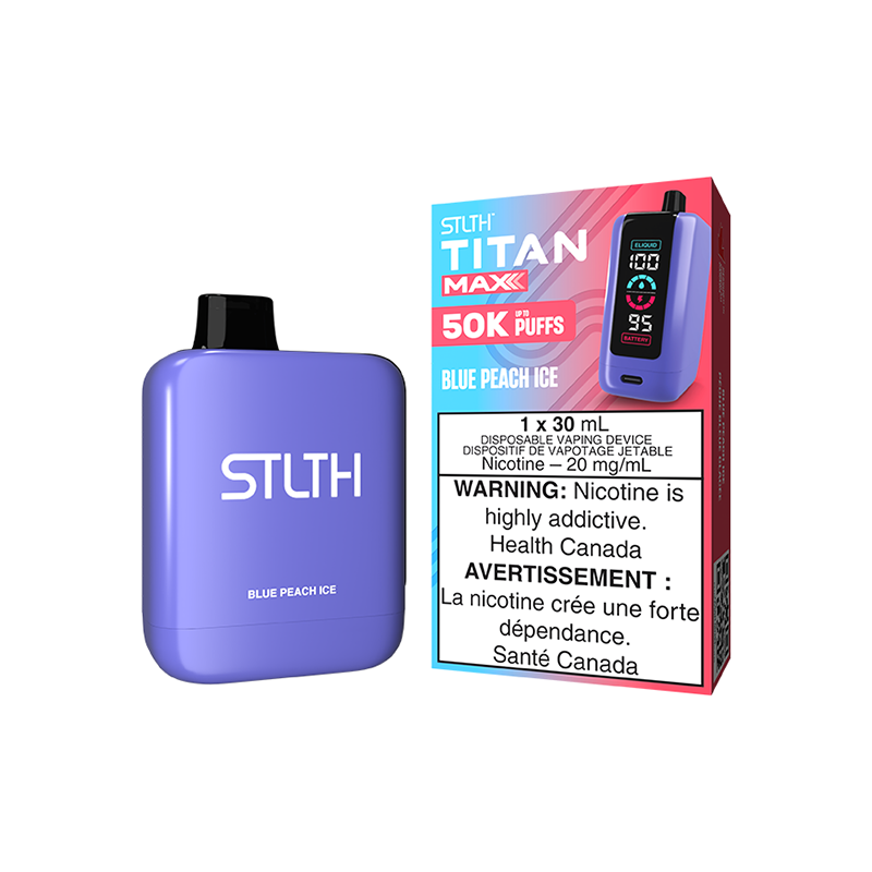 Experience Blue Peach Ice flavour with a cool icy finish in the STLTH Titan Max Disposable Vape—30ML, up to 50,000 puffs, pure satisfaction!