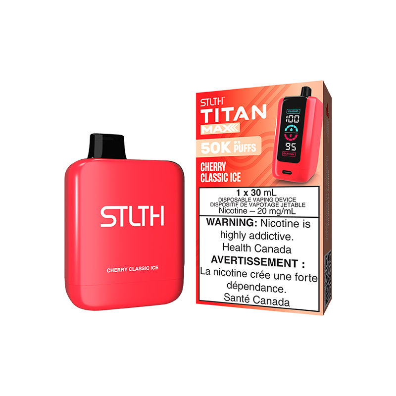 Cherry Classic Ice STLTH Titan Max Disposable Vape – enjoy 50,000 puffs of sweet cherry and icy refreshment, powered by a robust 1000mAh battery.