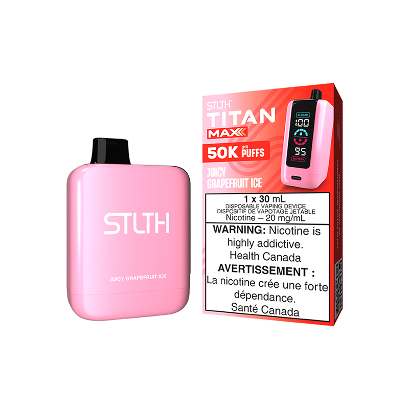 Juicy Grapefruit Ice STLTH TITAN MAX: 30ML, 50,000 puffs of zesty grapefruit and icy menthol perfection. Rechargeable, quad mesh coils, mega screen!