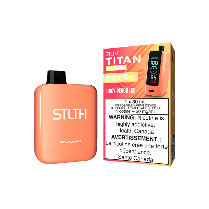 Experience juicy peach flavour with a cool icy finish in the STLTH Titan Max Disposable Vape—30ML, up to 50,000 puffs, pure satisfaction!