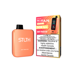 Experience juicy peach flavour with a cool icy finish in the STLTH Titan Max Disposable Vape—30ML, up to 50,000 puffs, pure satisfaction!