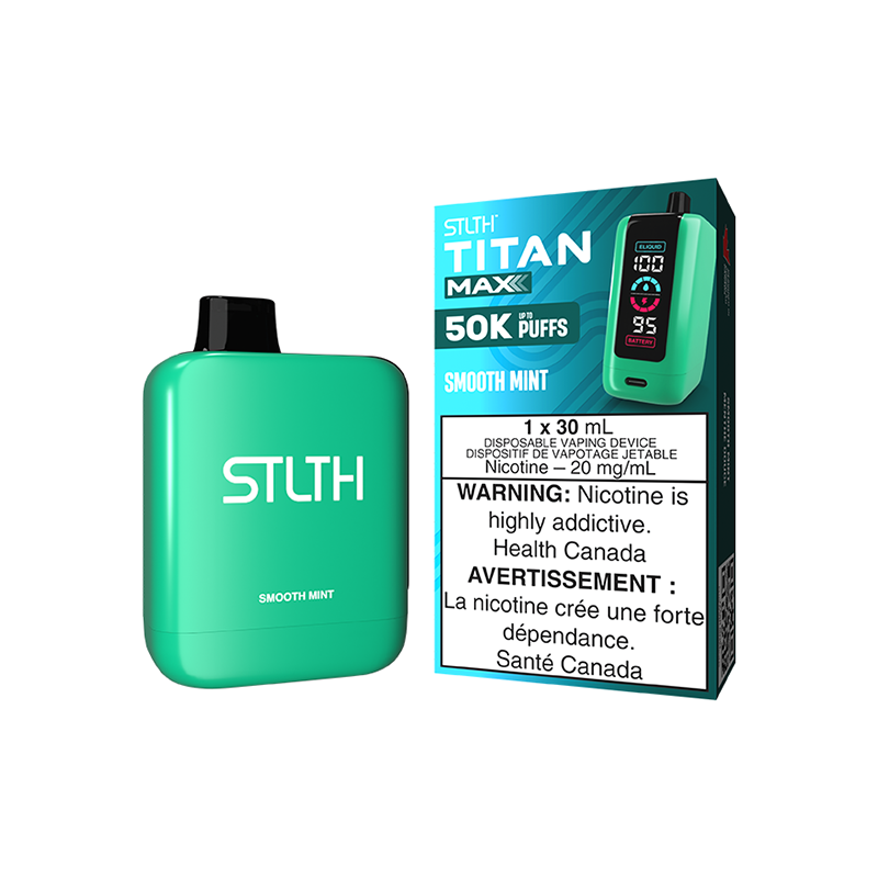 Smooth Mint STLTH TITAN MAX: 50,000 puffs, 30ML of cool mint flavour, quad mesh coils, 1000mAh rechargeable battery. Experience epic endurance & satisfaction!