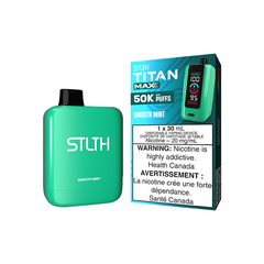 Smooth Mint STLTH TITAN MAX: 50,000 puffs, 30ML of cool mint flavour, quad mesh coils, 1000mAh rechargeable battery. Experience epic endurance & satisfaction!