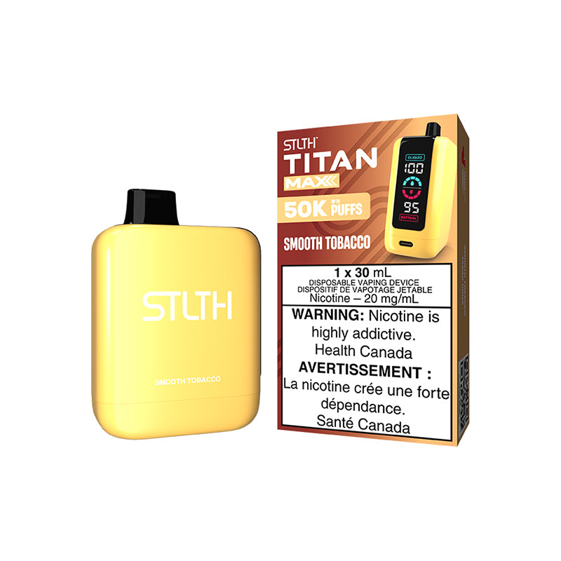 Smooth Tobacco STLTH TITAN MAX: 50,000 puffs, 30ML of tobacco flavour, quad mesh coils, 1000mAh rechargeable battery. Experience epic endurance & satisfaction!