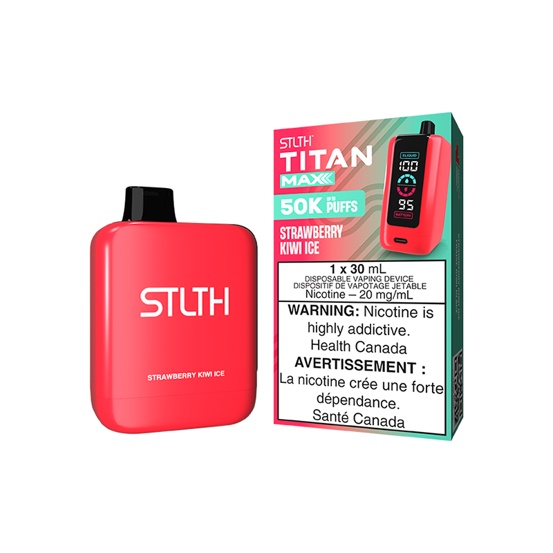 Strawberry Kiwi Ice STLTH Titan Max Disposable Vape offers 50,000 puffs of sweet, tangy flavour with a frosty finish. Rechargeable & flavour-packed. 30ML