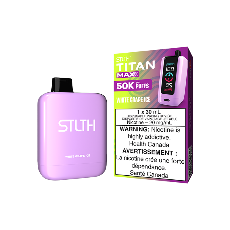 White Grape Ice STLTH Titan Max Disposable Vape – up to 50,000 puffs! Enjoy juicy white grape flavour with a cool finish, 30ML capacity, and rechargeable power.