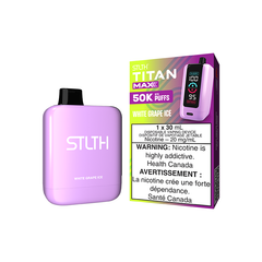 White Grape Ice STLTH Titan Max Disposable Vape – up to 50,000 puffs! Enjoy juicy white grape flavour with a cool finish, 30ML capacity, and rechargeable power.