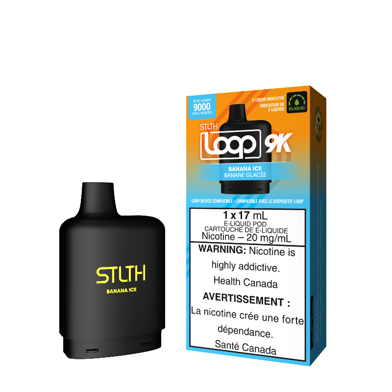 BANANA ICE STLTH LOOP 9K POD Experience creamy banana with hint of menthol for a refreshing sensation Representing the pinnacle of excellence in the vaping realm, STLTH Loop 9K Pod boasts an impressive 17ML e-liquid capacity, providing an astonishing 9000 puffs per pod. 
