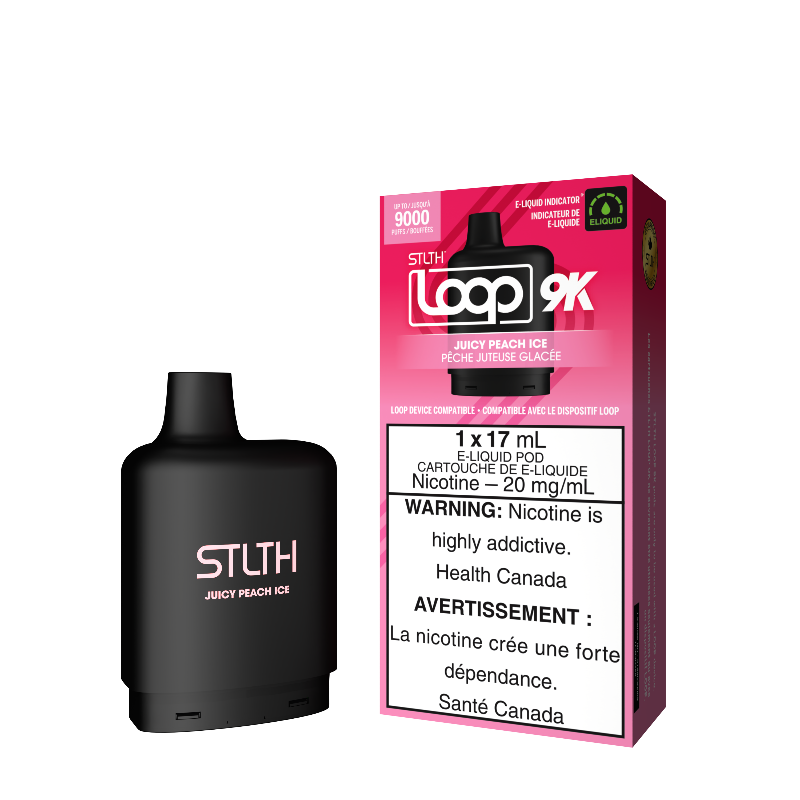 JUICY PEACH ICE STLTH LOOP 9K POD Experience flavour intense zesty peach with hint of mentholRepresenting the pinnacle of excellence in the vaping realm, STLTH Loop 9K Pod boasts an impressive 17ML e-liquid capacity, providing an astonishing 9000 puffs per pod.