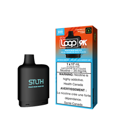 PEACH BLUE RAZZ ICE STLTH LOOP 9K POD Experience juicy peach with sweet blue raspberry topping it off with a menthol hit making it a perfect blend Representing the pinnacle of excellence in the vaping realm, STLTH Loop 9K Pod boasts an impressive 17ML e-liquid capacity, providing an astonishing 9000 puffs per pod.