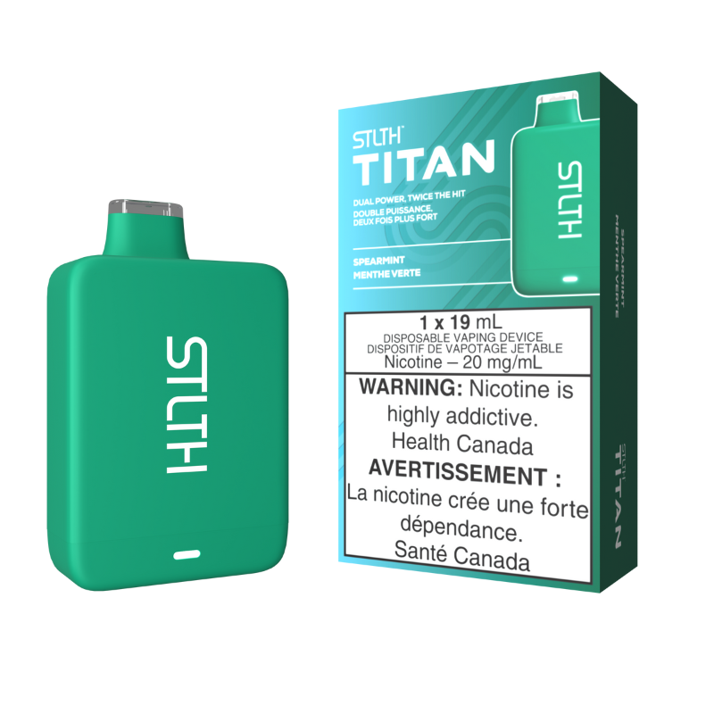 SPEARMINT STLTH TITAN (10000 PUFFs) DISPOSABLE VAPE Slide into the otherworldly realm of the Stilth Titan 10k Disposable Vape—where power and performance come together to form vaping greatness! Packed with 19mL of eJuice, a 900mAh rechargeable battery, and 10,000 puffs of endurance, this is a disposable vape like no other. Same-day delivery within the zone and express shipping GTA, Scarborough