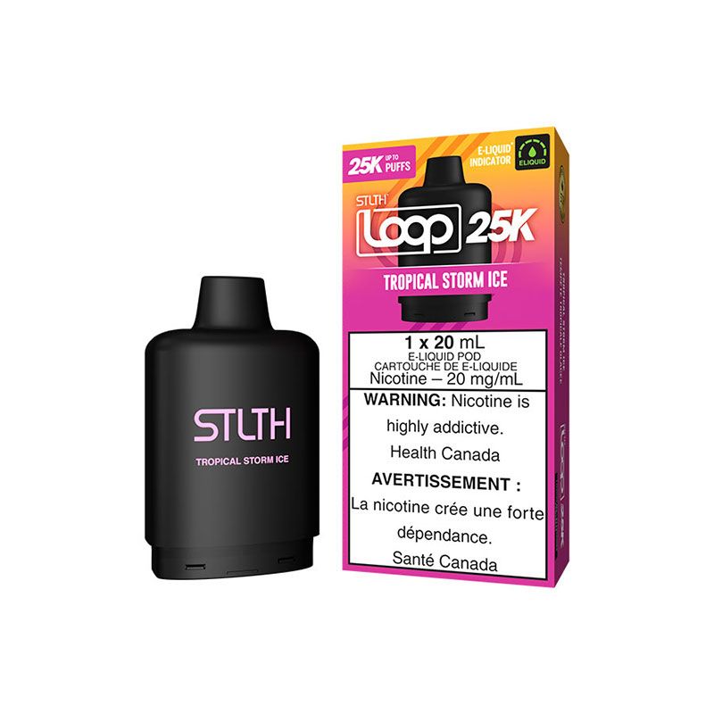 TROPICAL STORM ICE STLTH LOOP 25K Pods – 25,000 puffs of tropical flavours like pineapple, passion fruit, and guava with a cool icy kick. Long-lasting, eco-friendly vaping!