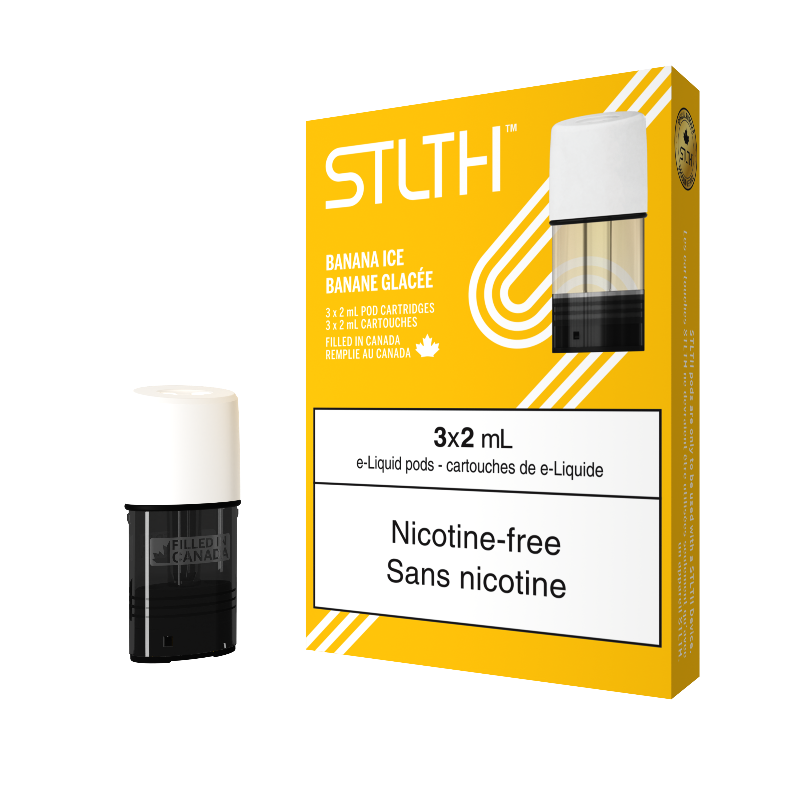 Banana Ice - Sweet and Ripe Banana with a Refreshingly Cool Exhale Specifically crafted range of flavors, designed specifically for STLTH Available in 0%, The nicotine free blend is proprietary, purposely made to be extra smooth to accommodate adult smokers who are looking to switch from traditional tobacco