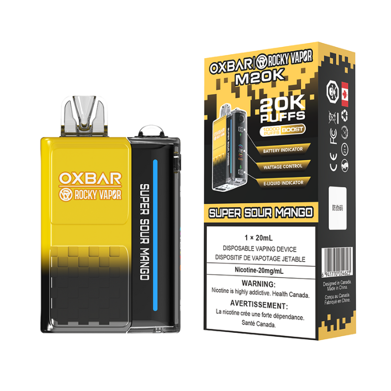 SUPER SOUR MANGO OXBAR DISPOSABLE VAPE - 20000 PUFFs 20ML e-liquid, 20MG nicotine, 20000 puffs, Boost Mode 12W to 28W, 900 mAh rechargeable battery, a mega display screen. Next day delivery Montreal Quebec