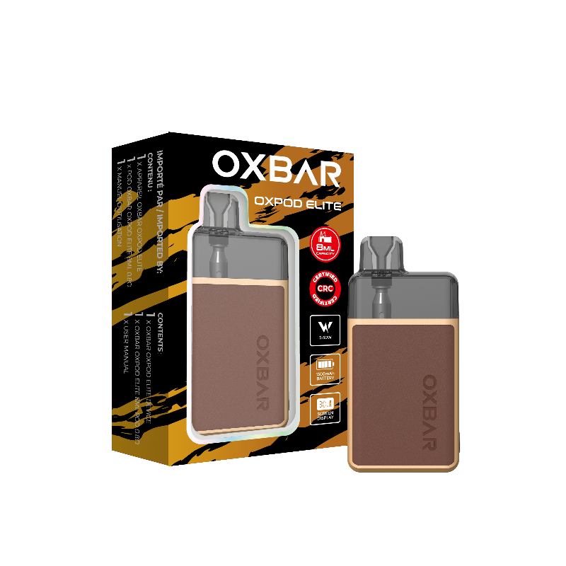 Oxbar Oxpod Elite: 1300mAh battery, 8mL pod, adjustable wattage (5-30W), child lock, 35,000 puffs, USB-C, sleek leather finish, and Hyper Coil tech!