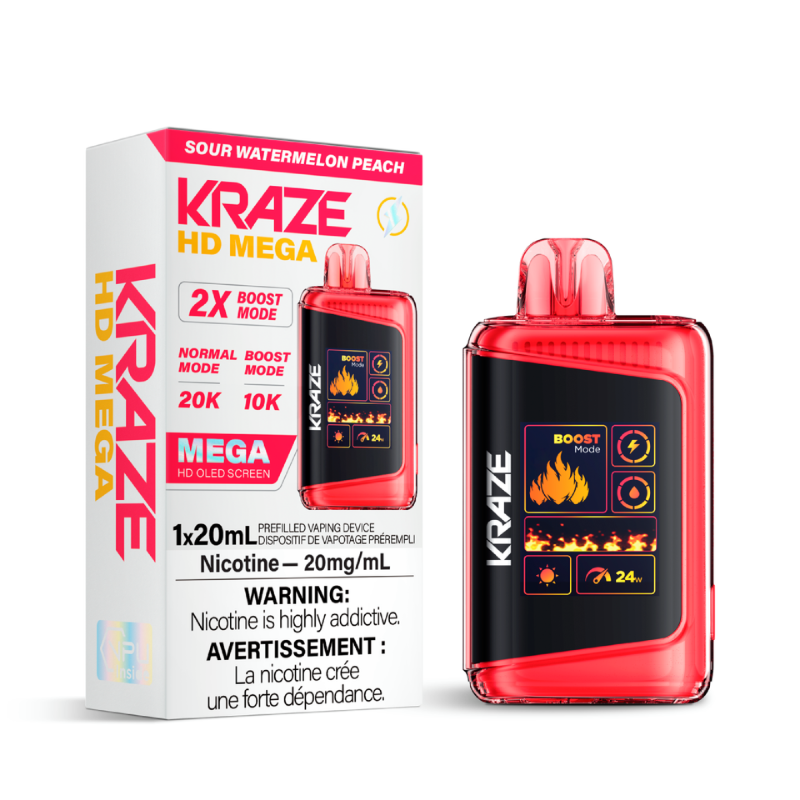 SOUR WATERMELON PEACH KRAZE HD MEGA (20000 PUFFs) DISPOSABLE VAPE  Experience the perfect balance of sourness and sweetness with the tantalizing flavours of sour watermelon and peach.