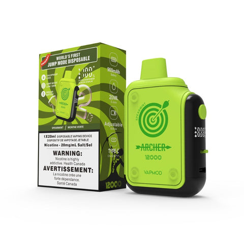 SPEARMINT VAPMOD ARCHER DISPOSABLE VAPE(12000)Dive into the crisp and invigorating world of our Spearmint disposable vape. Immerse yourself in the pure essence of cool, refreshing spearmint leaves with every inhale, as the minty breeze tantalizes your senses.Introducing the Archer 12000 Puffs Disposable Vape by VAPMOD – the pioneer of jump mode disposable vapes globally.