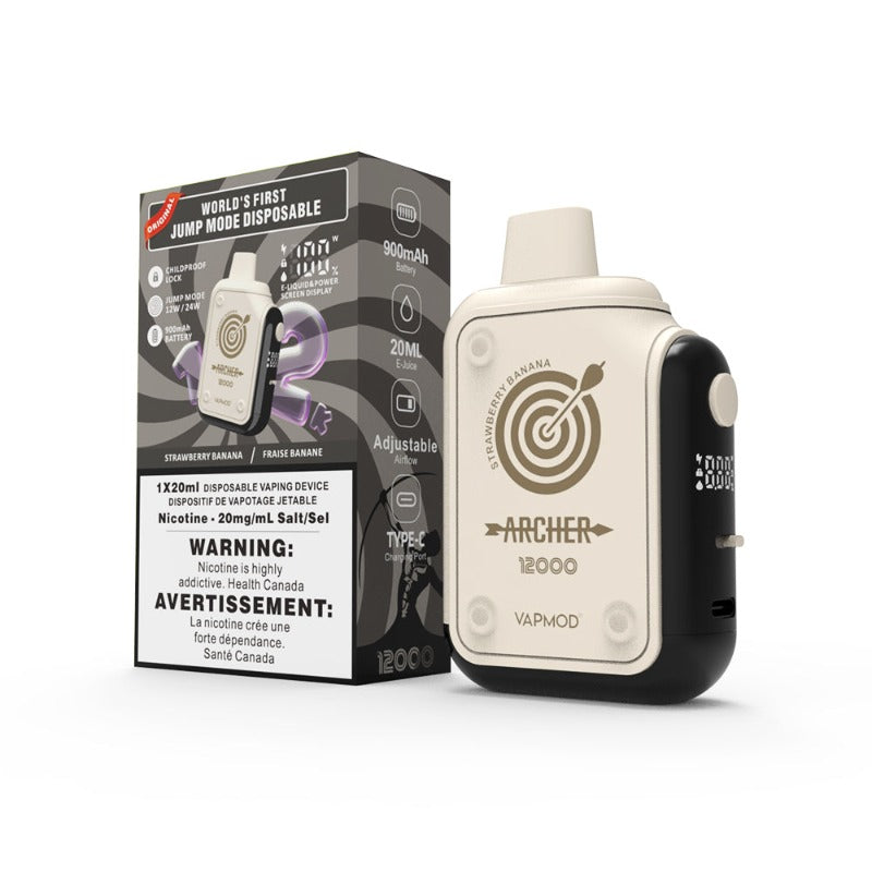 STRAWBERRY BANANA VAPMOD ARCHER DISPOSABLE VAPE(12000)Each puff delivers a harmonious blend of sweet strawberry notes and the luscious creaminess of ripe bananas Introducing the Archer 12000 Puffs Disposable Vape by VAPMOD – the pioneer of jump mode disposable vapes globally. Packed with an array of remarkable attributes, a hit that give you a feel of 50mg nic level, 