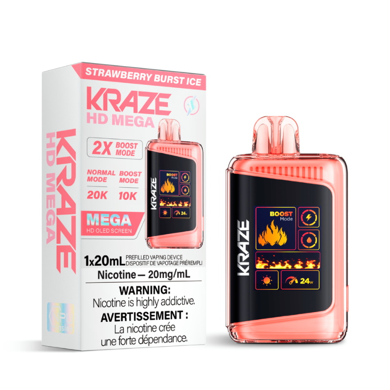 STRAWBERRY BURST ICE KRAZE HD MEGA (20000 PUFFs) DISPOSABLE VAPE  Indulge in the refreshing burst of strawberry ice, with a distinct delightful taste.