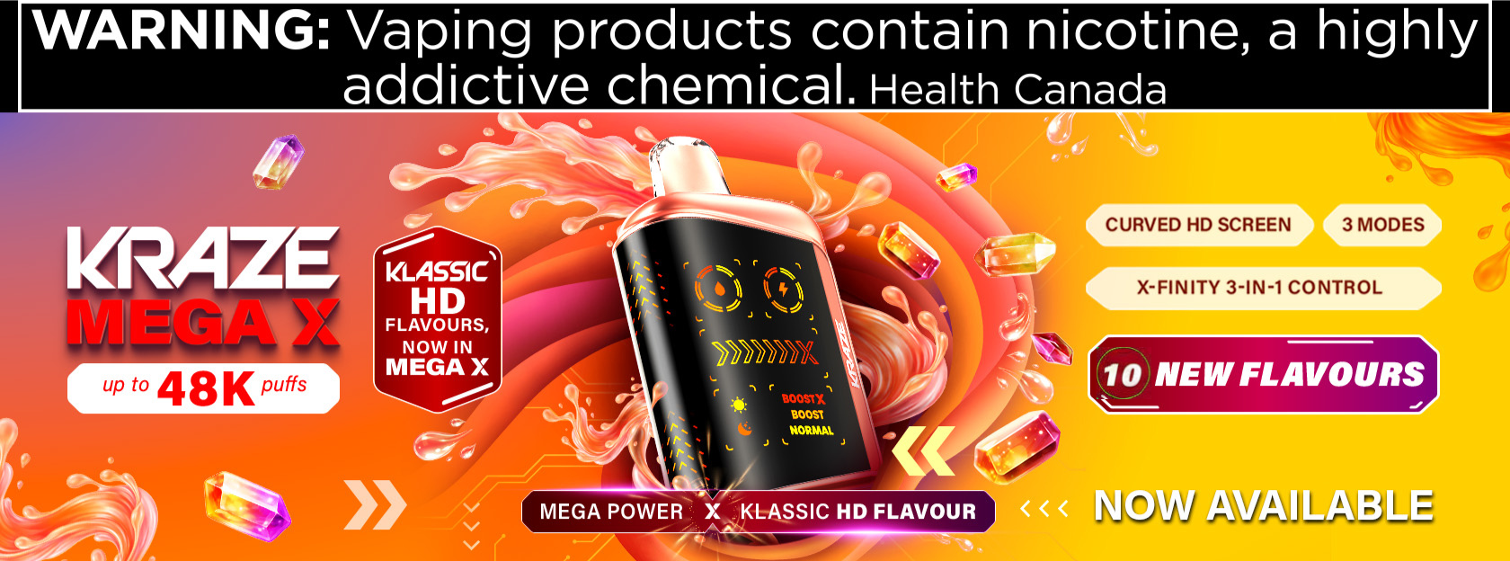 Advertisement for Kraze Mega X vaping product with colorful design and text about nicotine and flavors.