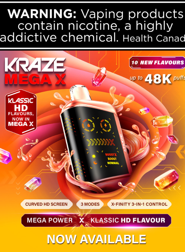 Advertisement for Kraze Mega X vaping device with colorful background and product image.