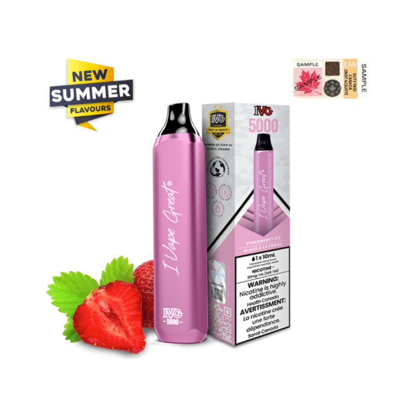 TOP VAPE SHOP SELLING NEW SUMMER EDITION IVG MAX STRAWBERRY ICE DISPOSABLE VAPE RECHARGABLE (5000 PUFF) MISTER VAPOR CANADA