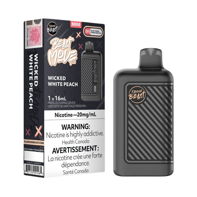 Flavour Beast disposable WICKED WHITE PEACH  8k DISPOSABLE VAPE featuring dual coils to activate Beast Mode, OLED screen, and 25 flavors for 8000 puffs of satisfaction. Toronto
